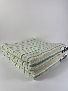 DKNY Bath Towels Sage Cream Tan Striped 100% Soft Cotton Set of 2 NEW